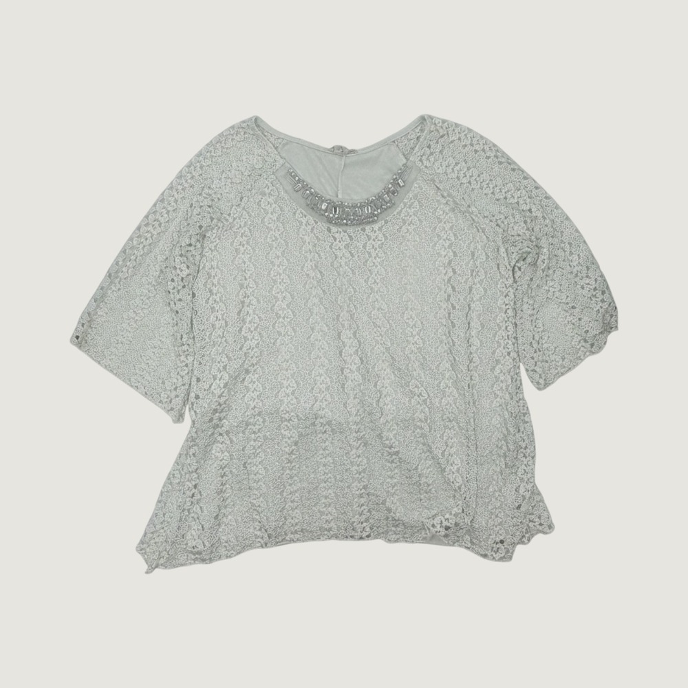 Brittany Black Lace Top 1X Beaded Neckline‎ Short Sleeve Blouse White Cream XL